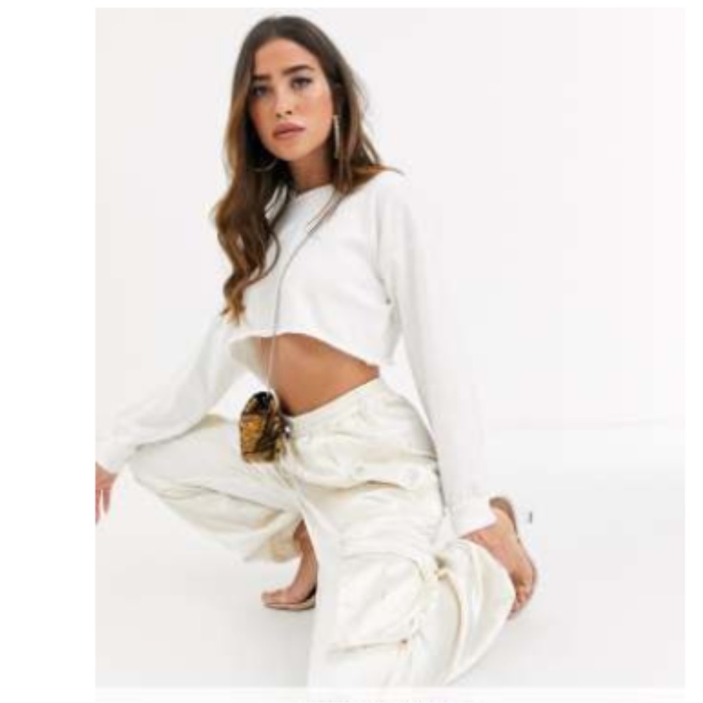 Missguided Satin Wide Leg Cream Cargo Pants